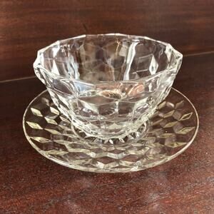 Vintage Clear Depression Glass Cube Pattern Bowl and Saucer